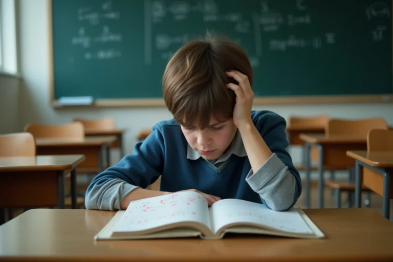 Adolescent en difficulté scolaire assis seul à son bureau face à un cahier rempli de corrections rouges, illustrant l'échec scolaire