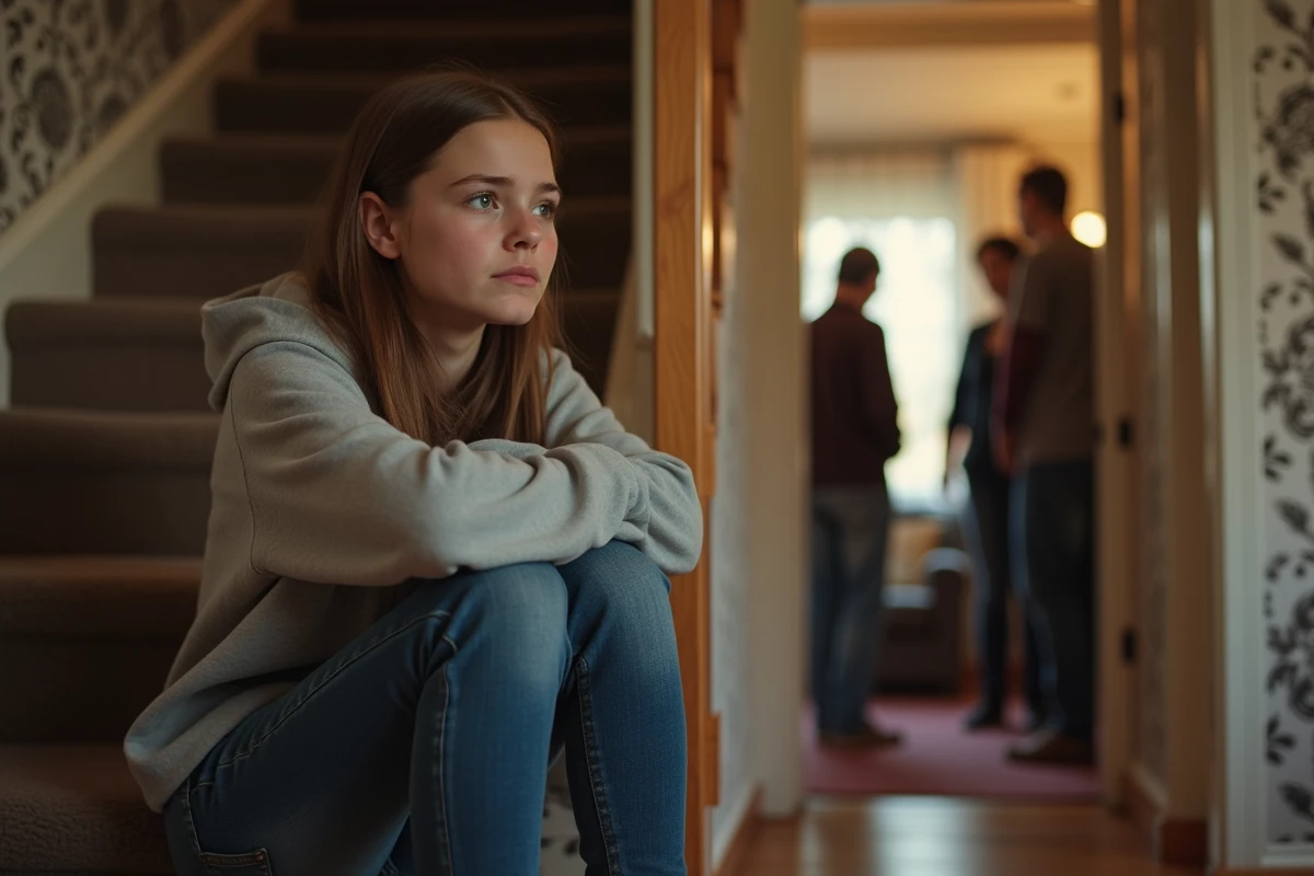 Adolescente assise seule dans l'escalier d'une maison familiale, exprimant un malaise lors d'un rassemblement de famille