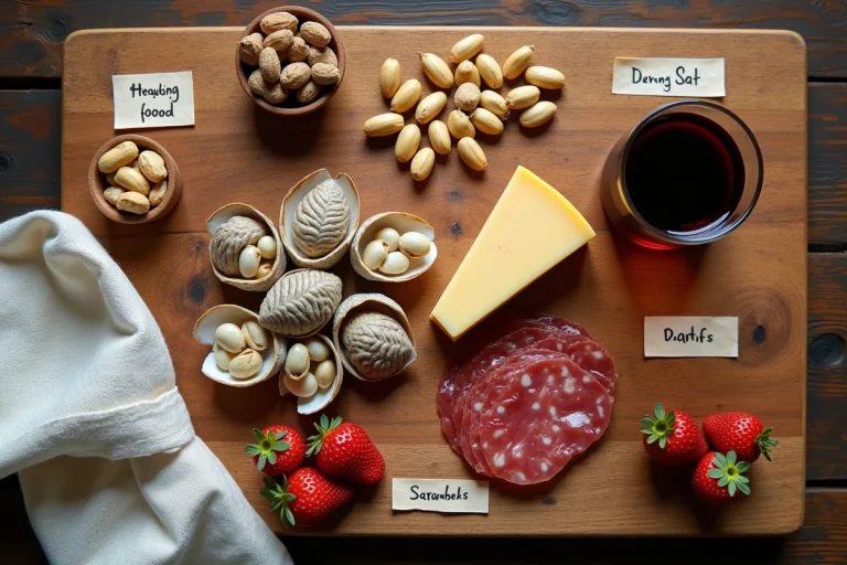 Vue aérienne d'aliments interdits au groupe alimentaire disposés sur une table en bois rustique avec des étiquettes manuscrites