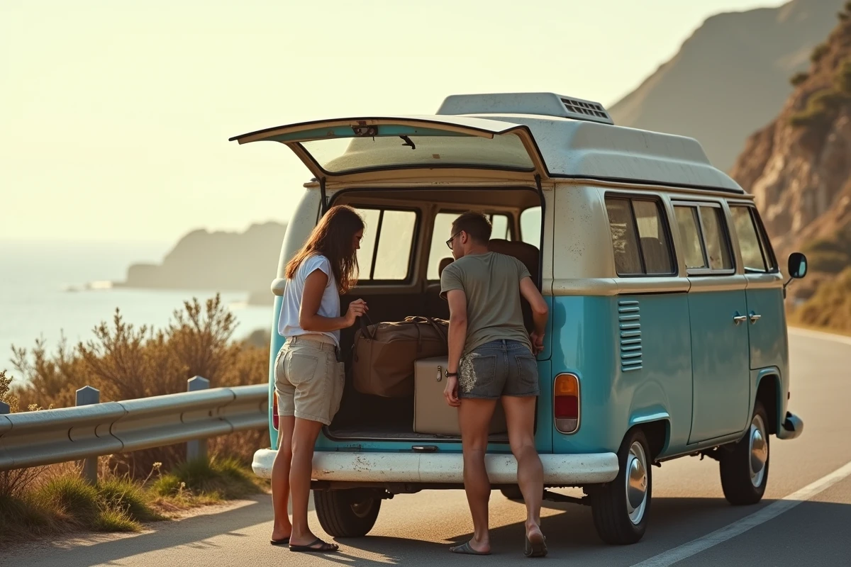 Deux amis chargeant leurs bagages dans un van vintage sur une route côtière avant un départ en aventure
