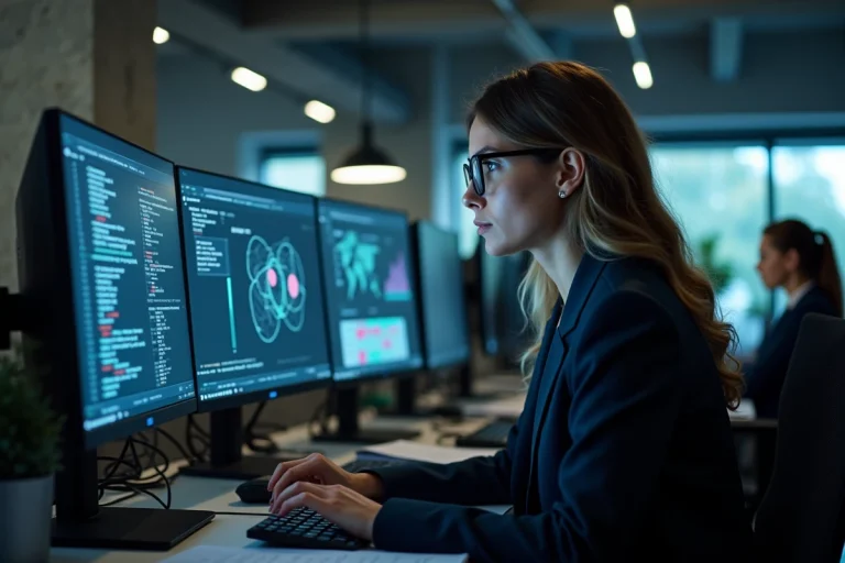 Analyste en cybersécurité concentrée devant plusieurs écrans de surveillance dans un bureau d'entreprise