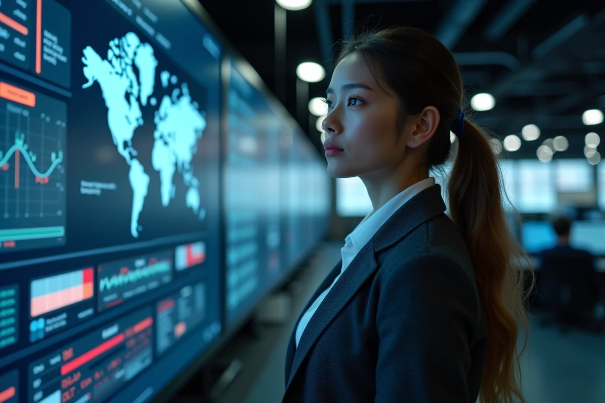 Analyste en cybersécurité devant un tableau de bord de détection des menaces dans un SOC