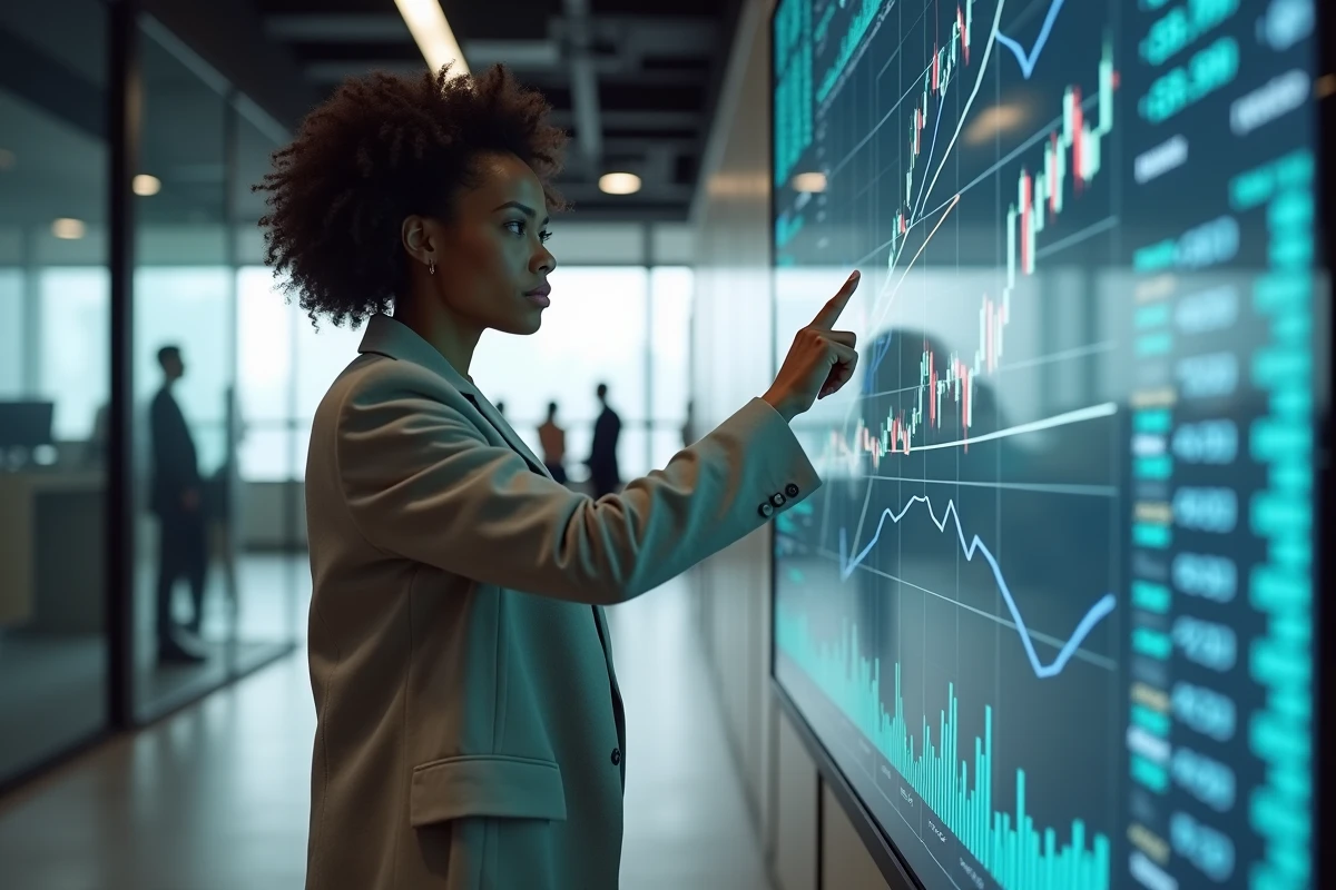 Femme analyste financière pointant des graphiques économiques sur un écran tactile dans un bureau moderne illustrant la stagflation