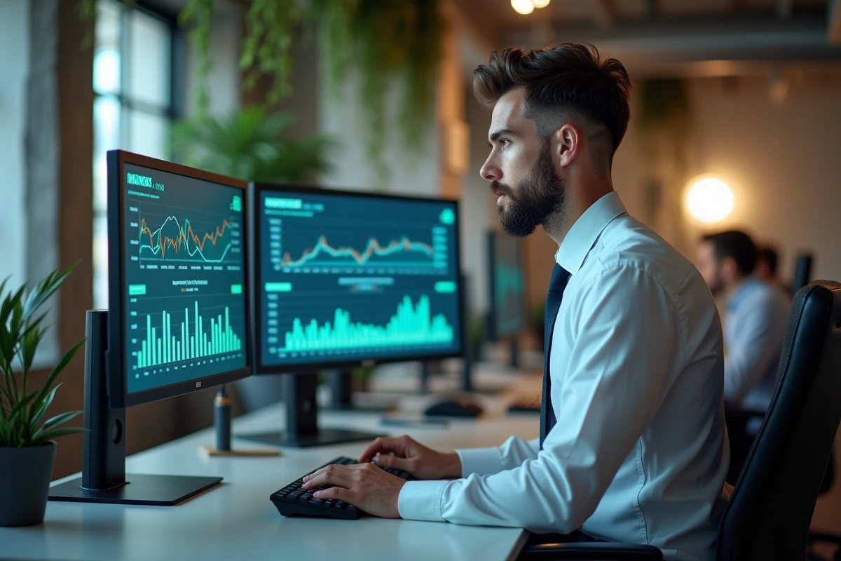 Analyste financier consultant des tableaux de bord de notation durable sur deux écrans dans un bureau fintech ouvert
