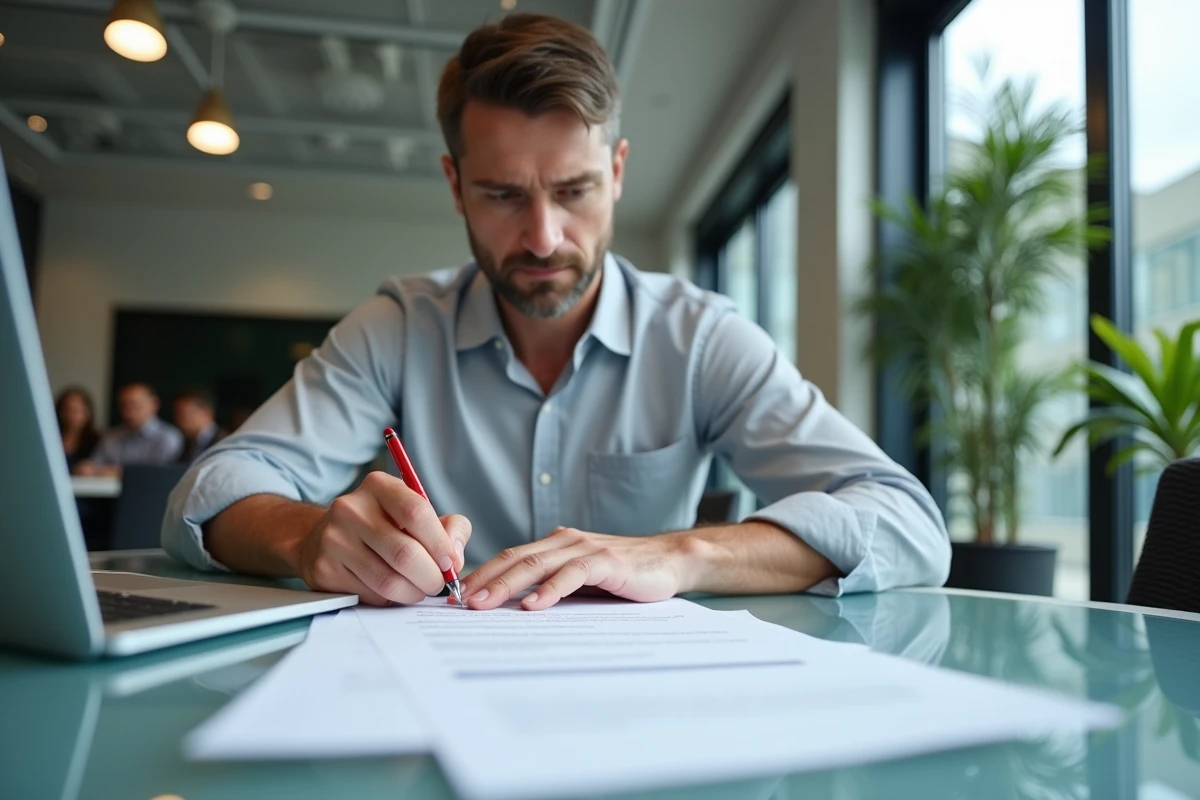 Homme en entreprise annotant un rapport de doléance lors d'une réunion professionnelle