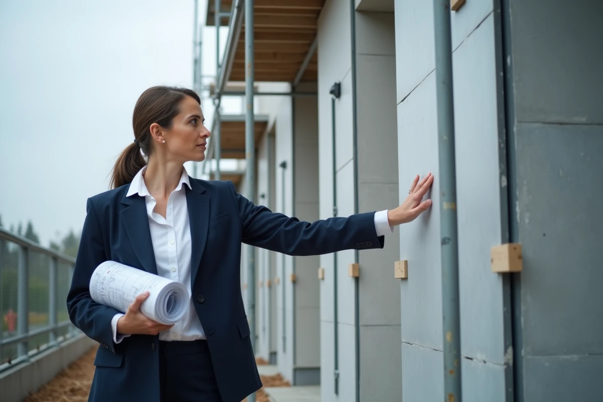 Architecte devant une façade en cours d'isolation thermique par l'extérieur sur un chantier de construction