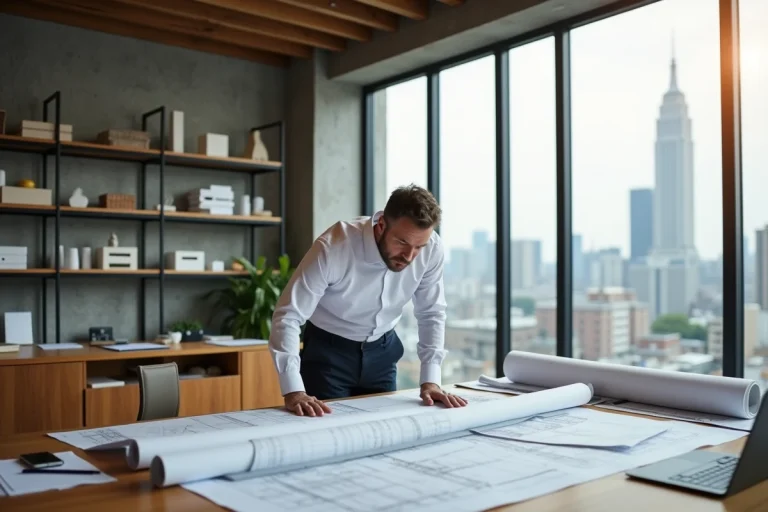 Architecte professionnel en costume étudiant des plans de construction dans un bureau moderne, métier du bâtiment bien rémunéré