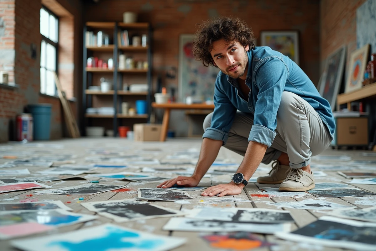 Artiste masculin travaillant sur un collage post-pop art dans un atelier avec murs en briques apparentes