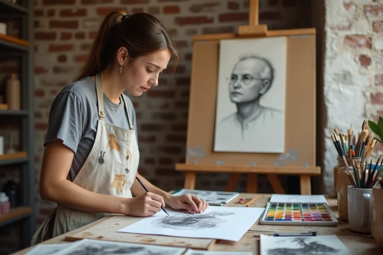 Jeune artiste en tablier de lin étudiant des illustrations dans un atelier de arts 2D avec des croquis et fournitures artistiques