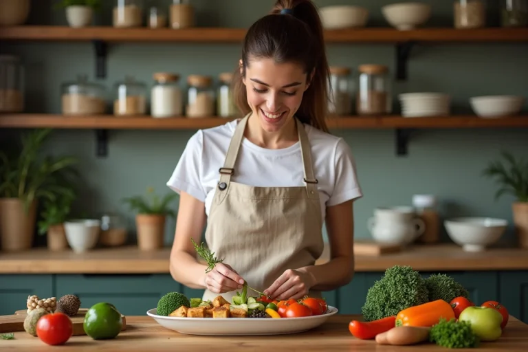 Femme préparant une assiette végétarienne colorée dans une cuisine rustique avec légumes frais et tofu grillé