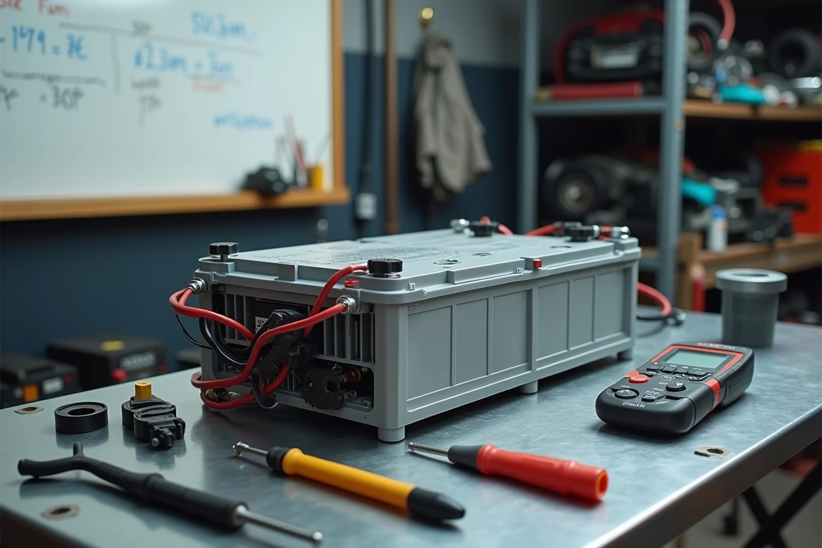 Batterie hybride légère 48V démontée sur un établi d'atelier avec outils de diagnostic et estimation de coût