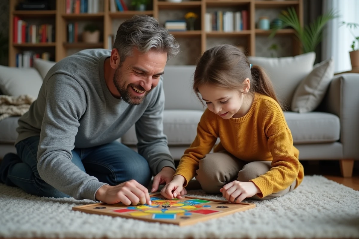 Un beau-père et sa belle-fille jouant ensemble à un jeu de société dans un salon cosy, symbolisant la création de liens affectifs dans une famille recomposée