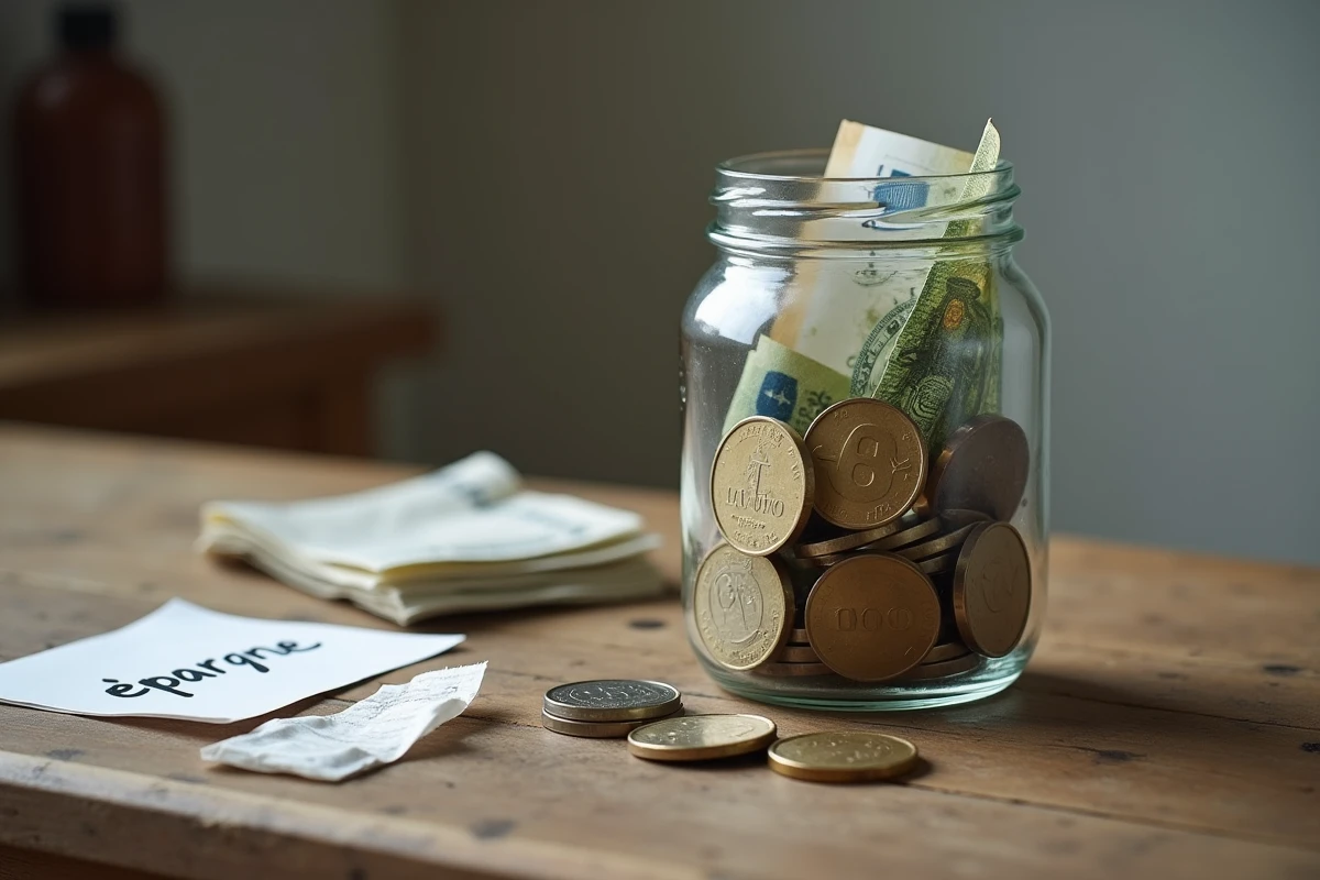 Bocal en verre contenant des pièces et billets en euros posé sur une table en bois usé, symbolisant l'impact de l'inflation sur les économies des ménages