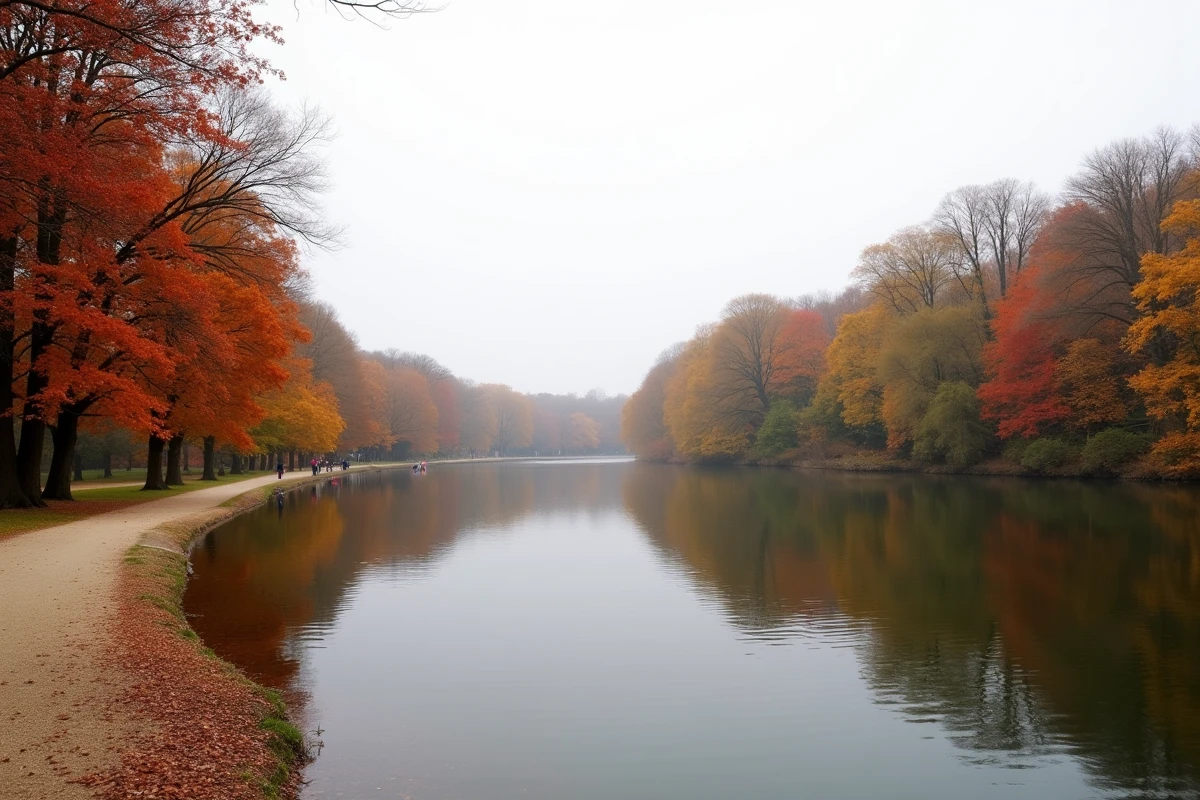 Vue panoramique du lac du Bois de Vincennes entouré d'arbres aux couleurs d'automne à Paris