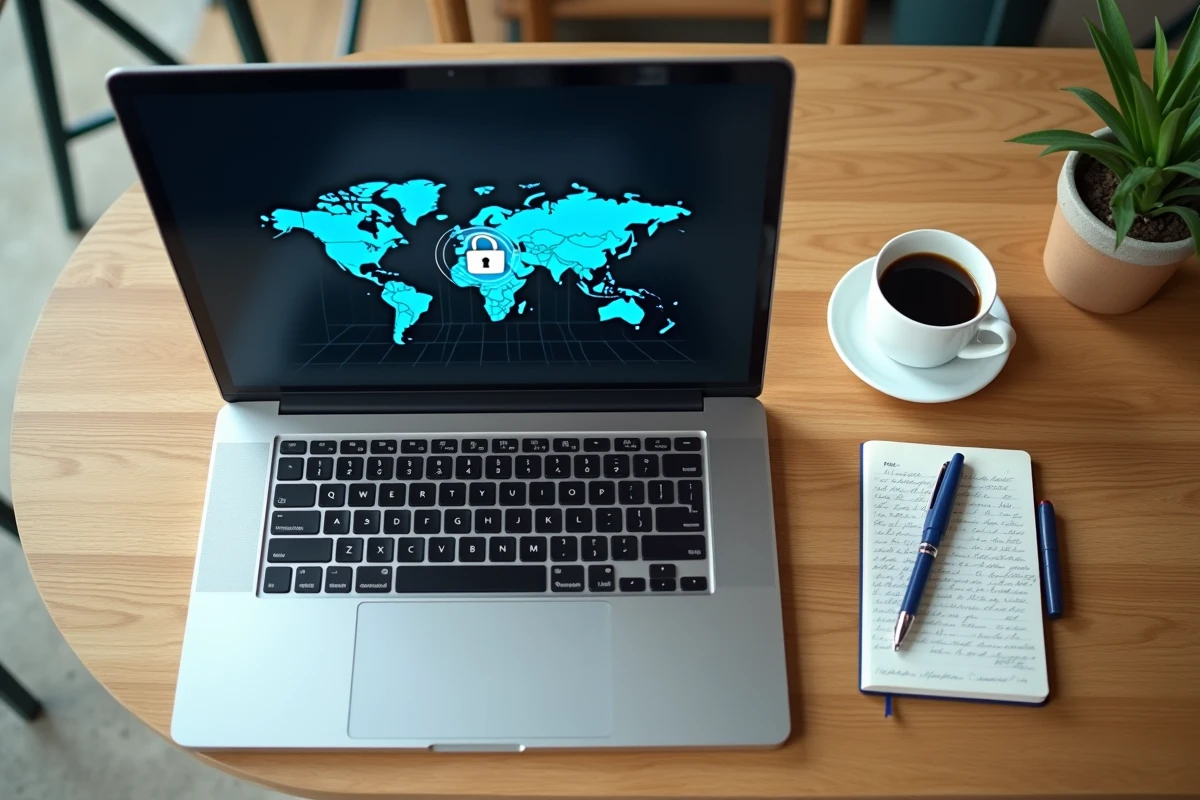Vue de dessus d'un bureau avec un écran affichant une interface VPN gratuite et des notes manuscrites