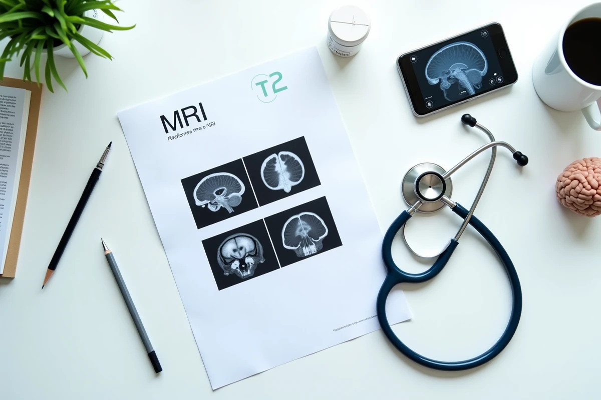 Vue aérienne d'un bureau médical avec un rapport IRM comparant les séquences T1 et T2 et des accessoires cliniques