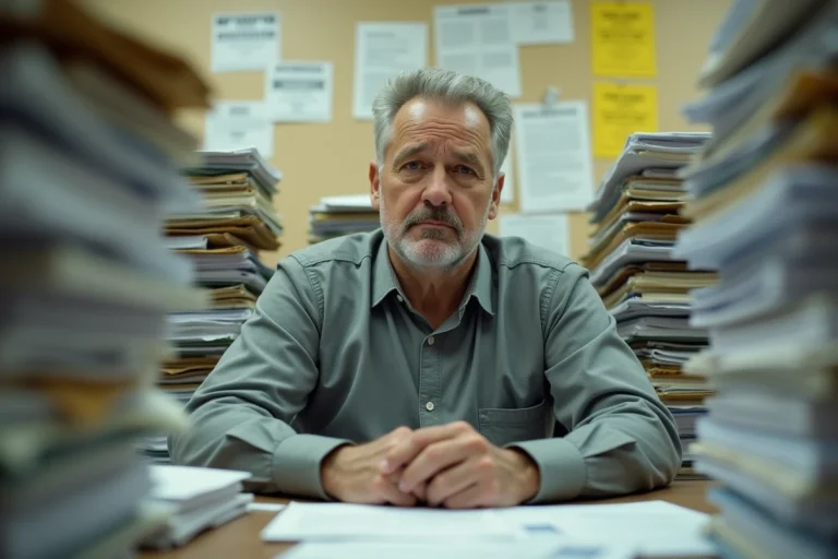 Fonctionnaire épuisé noyé sous la paperasse administrative, illustrant les lourdeurs bureaucratiques du système collectiviste