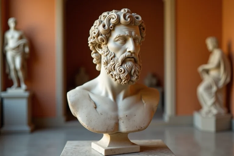 Buste en marbre d'un philosophe grec ancien exposé dans un musée, symbole de la démocratie athénienne et de la pensée grecque antique