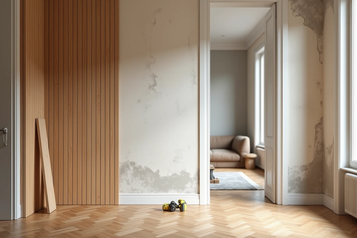 Revêtement mural en lattes de bois installées sur un mur abîmé dans un appartement moderne