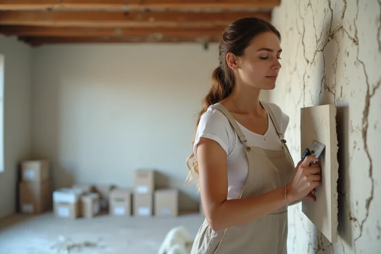 Femme appliquant un enduit décoratif sur un mur intérieur abîmé lors de travaux de rénovation