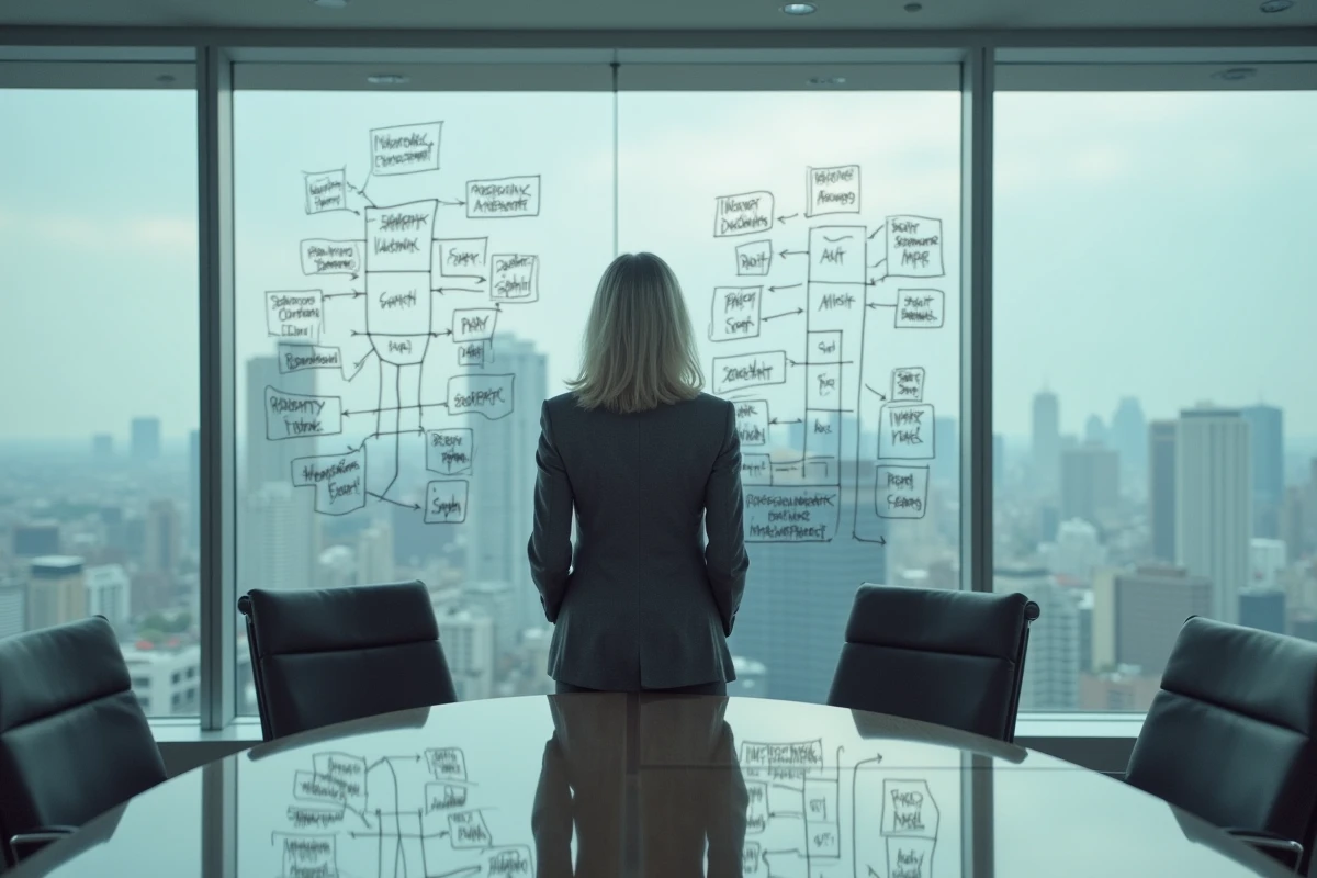 Cadre dirigeante présentant les deux dimensions de la blockchain sur un tableau en verre dans une salle de conférence d'entreprise