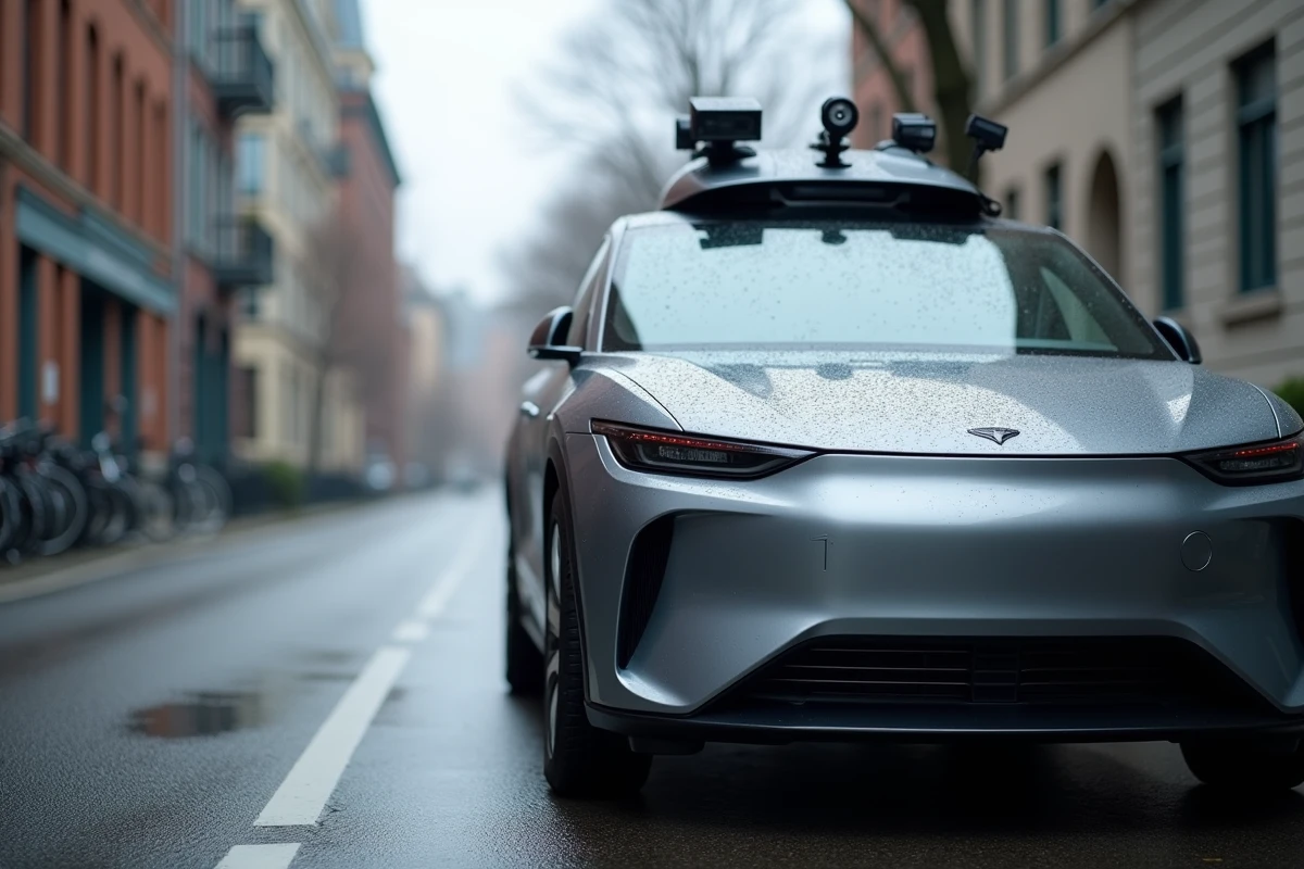 Capteurs LiDAR et caméras d'un véhicule autonome montés sur la carrosserie d'une berline électrique en milieu urbain