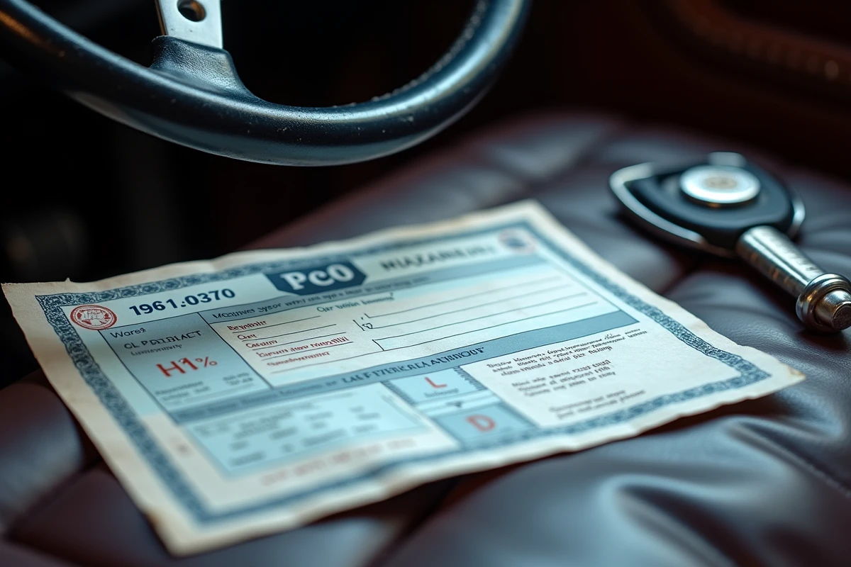 Gros plan sur une carte grise de véhicule de collection avec clé vintage et volant ancien