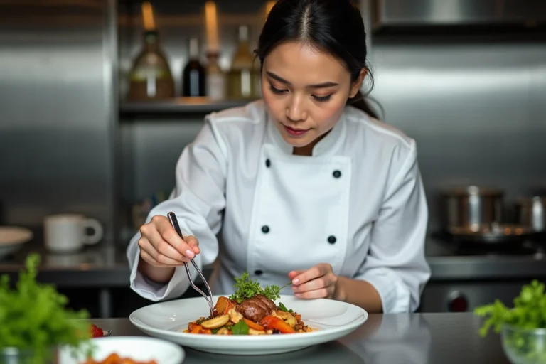 Cheffe cuisinière professionnelle en train de dresser une assiette gastronomique avec précision dans une cuisine de restaurant étoilé
