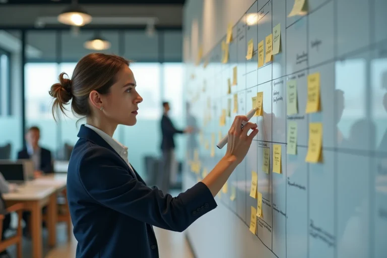 Cheffe de projet devant un tableau blanc avec des notes et un planning Gantt dans un bureau moderne
