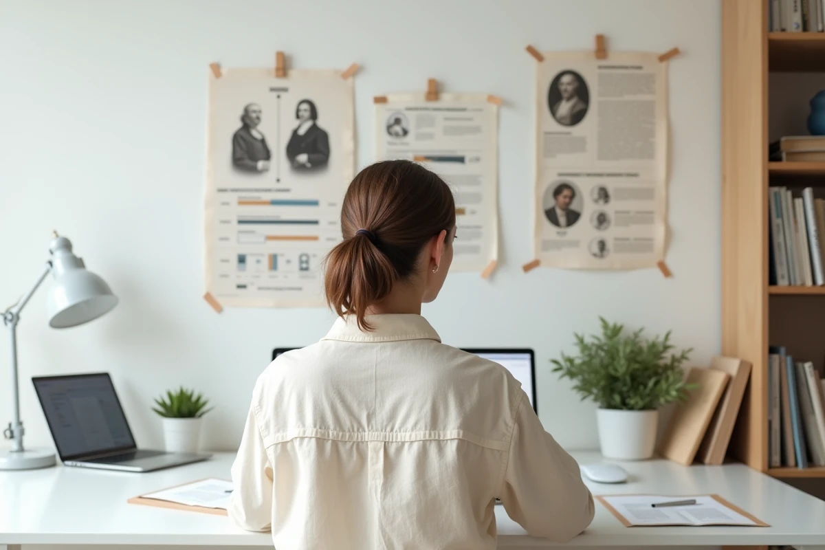 Chercheuse analysant une infographie sur les personnalités les plus influentes de l'histoire dans un bureau moderne