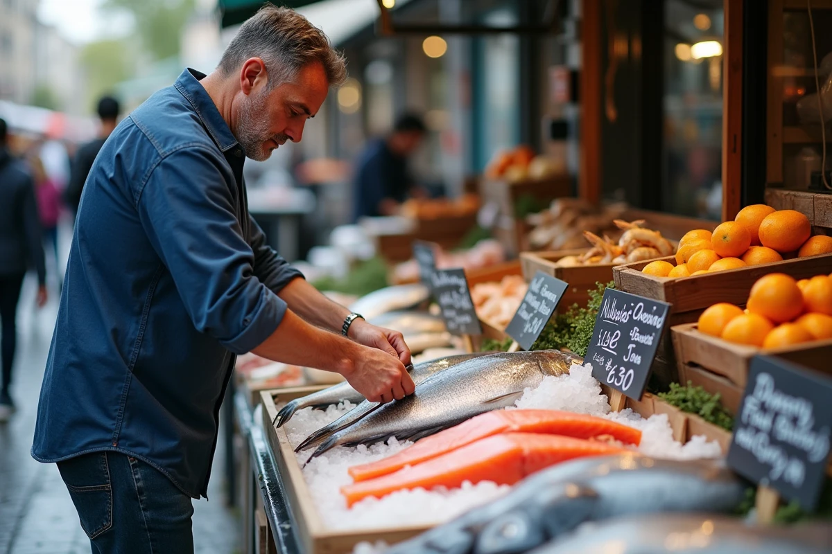Homme choisissant des filets de poisson frais au marché en plein air illustrant l'alimentation pescatarienne