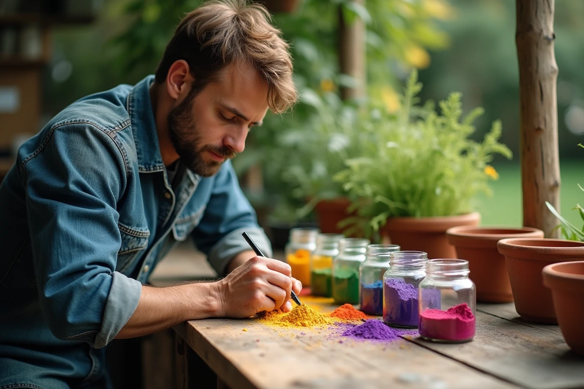 Collection de pigments végétaux en poudre dans des bocaux en verre sur un établi de jardin artisanal
