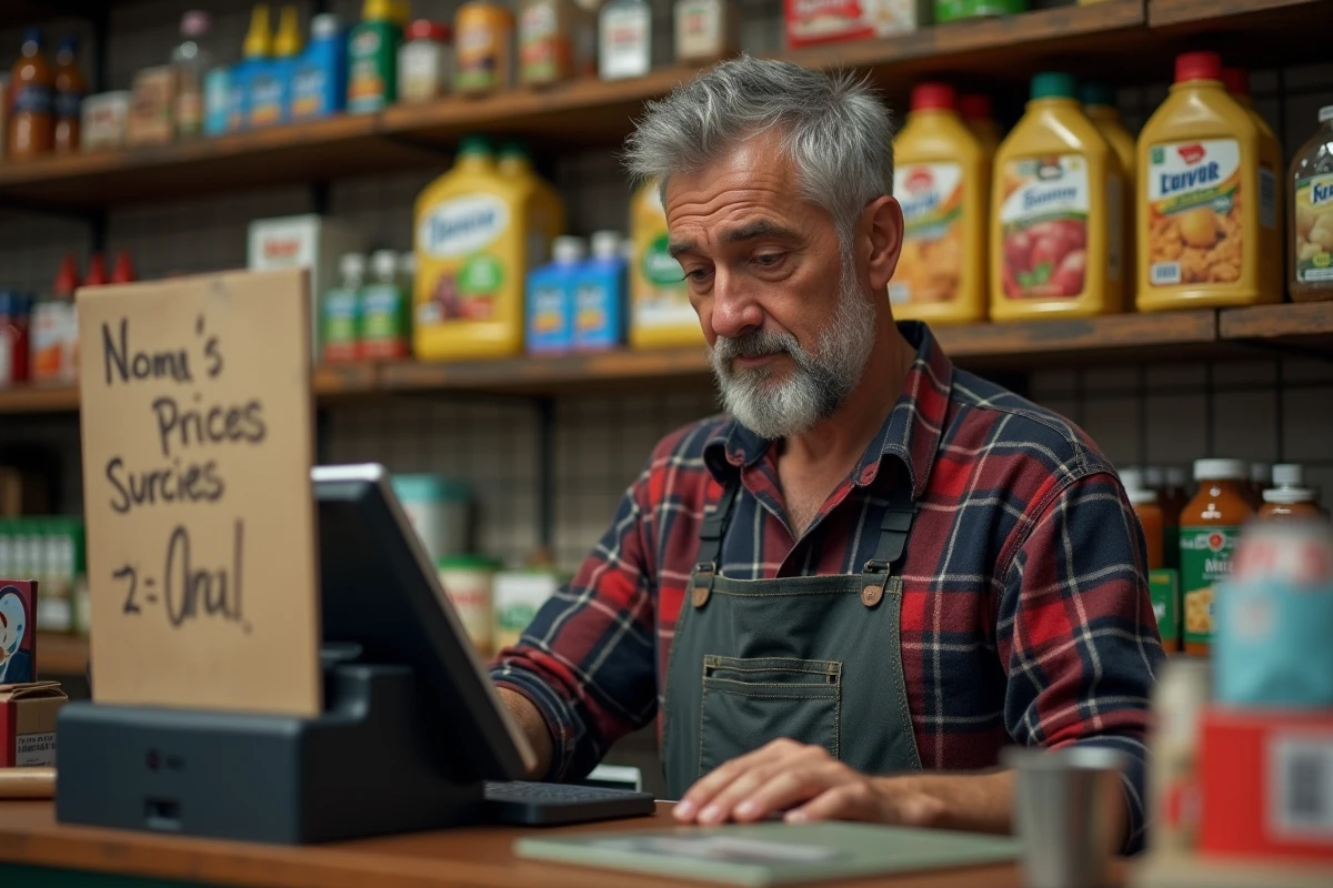 Commerçant indépendant examinant ses prix face aux pressions économiques dans son épicerie