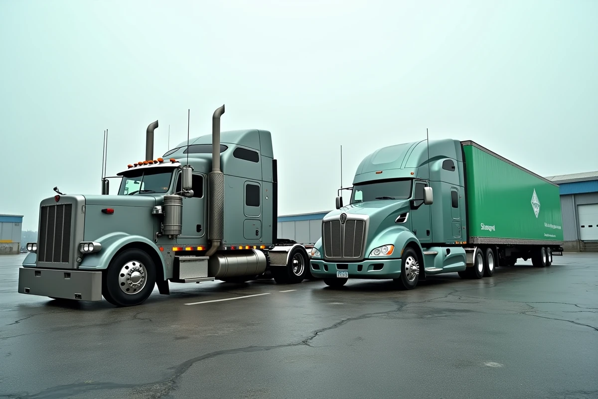 Comparaison côte à côte d'un camion diesel et d'un camion à hydrogène dans un dépôt logistique industriel