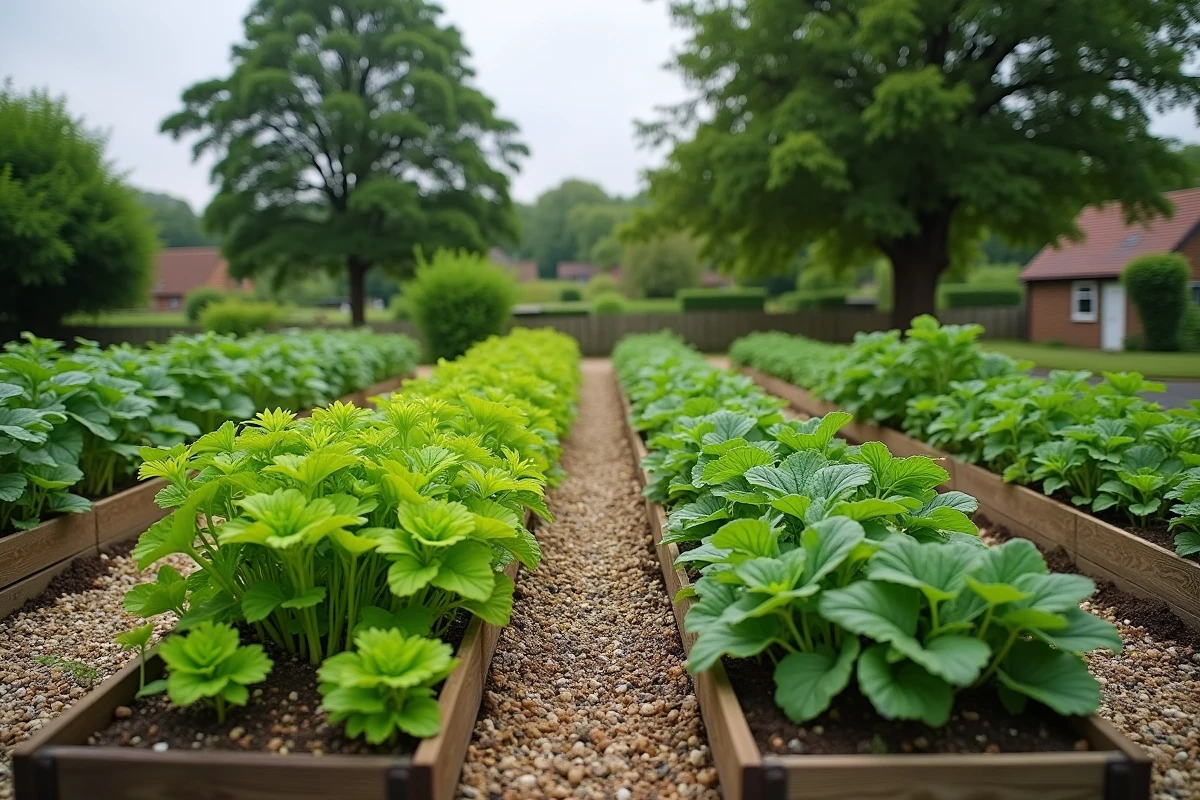 Comparaison entre deux parcelles de jardin potager, l'une bien exposée au soleil avec des légumes vigoureux et l'autre à l'ombre avec des plants chétifs