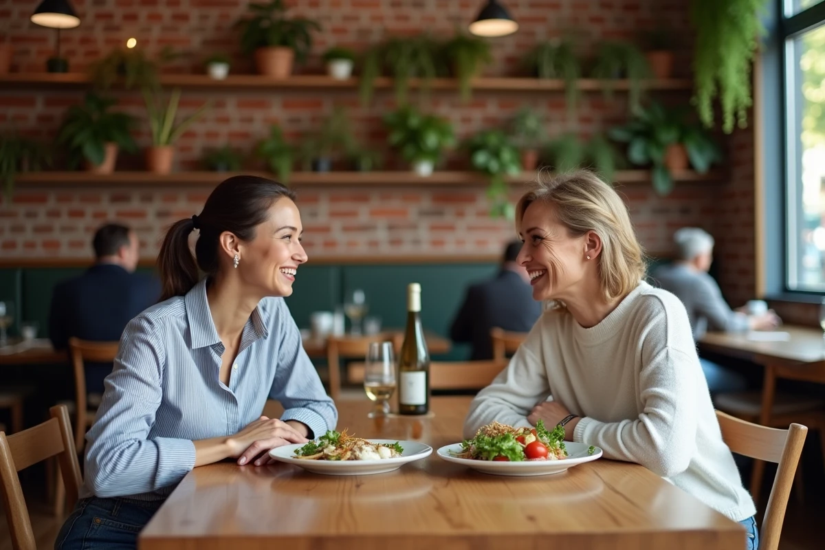 Deux femmes discutant autour de repas végétarien et pescatarien dans un café convivial avec décor en brique
