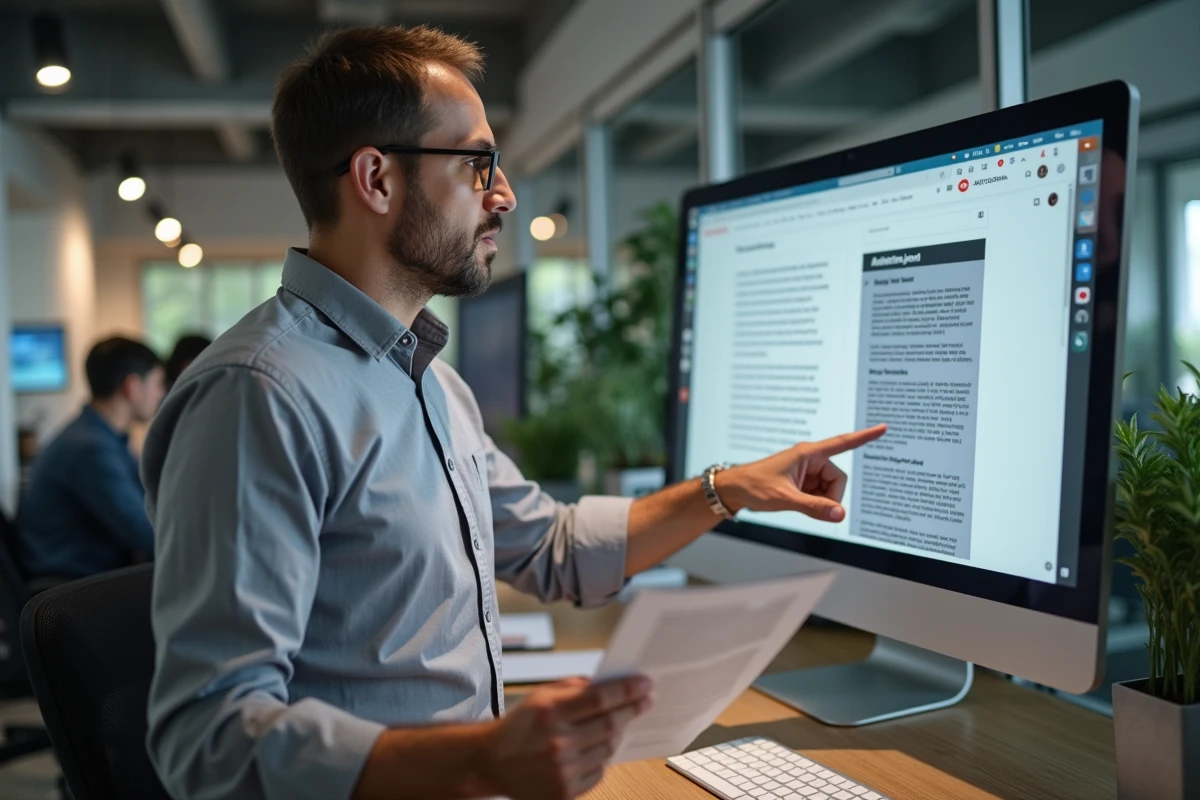 Homme en open space comparant une réponse de ChatGPT avec une source académique en ligne