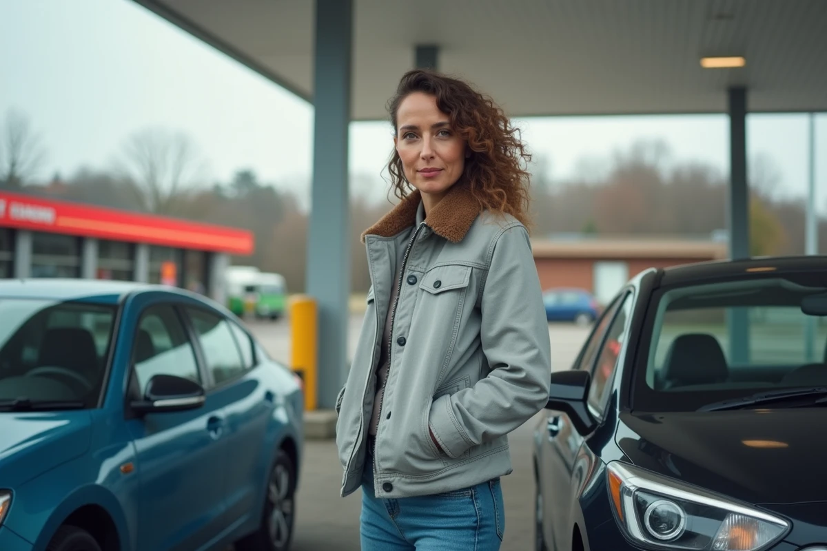 Femme comparant une voiture essence et une voiture hybride dans une station-service