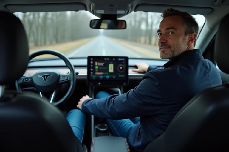 Conducteur d'une voiture électrique sélectionnant le mode B ou D sur le sélecteur de vitesses pour optimiser la conduite et la régénération d'énergie