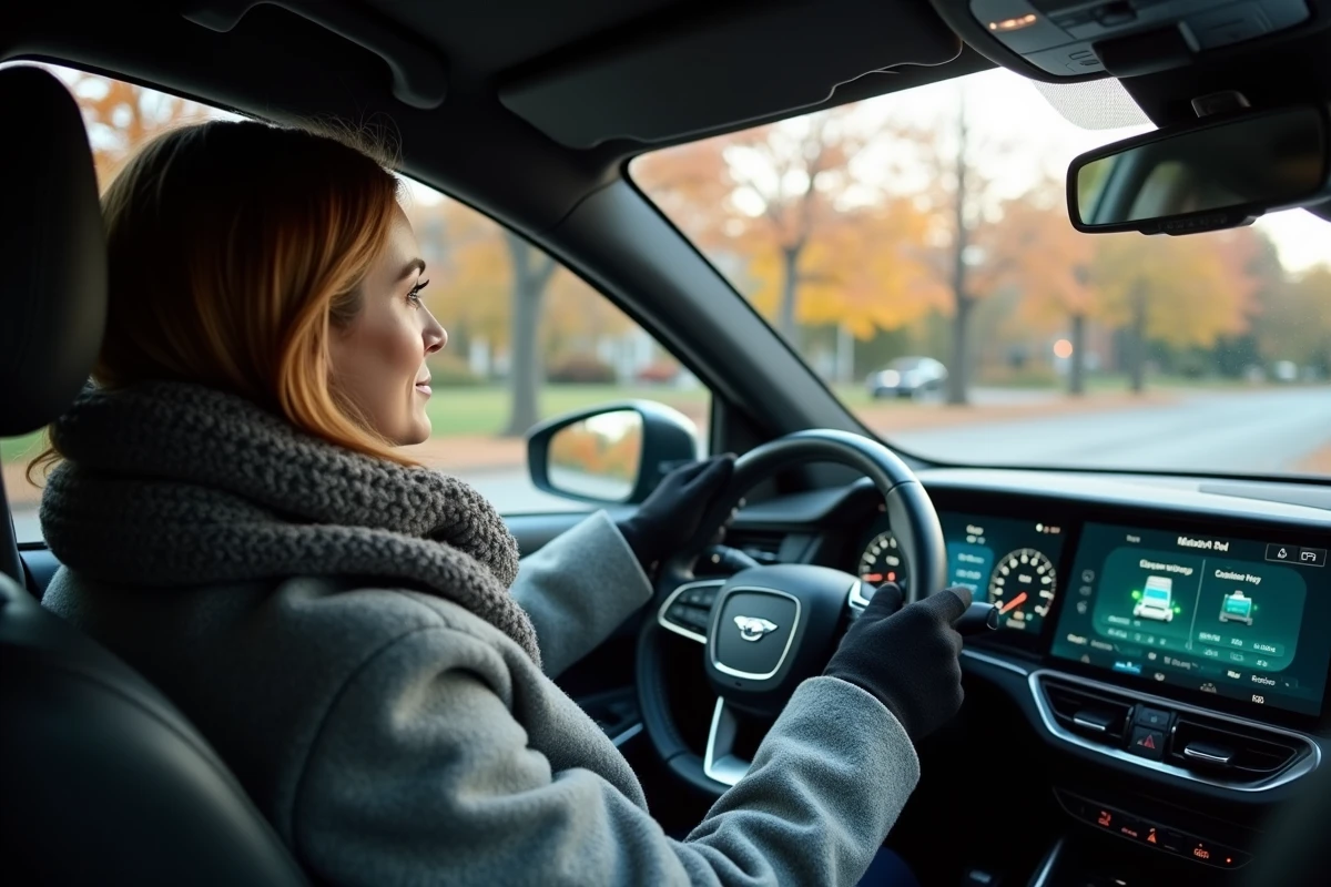 Conductrice dans un SUV hybride consultant le tableau de bord batterie par temps froid
