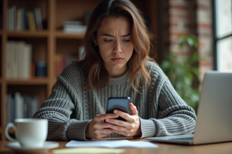 Femme préoccupée consultant les paramètres de confidentialité de ses réseaux sociaux sur smartphone dans un bureau à domicile