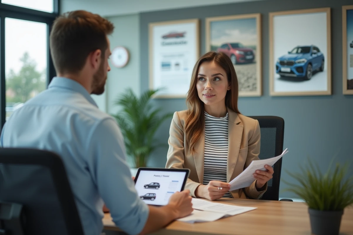 Cliente et conseiller commercial discutant des options d'achat d'une voiture dans un bureau de concession