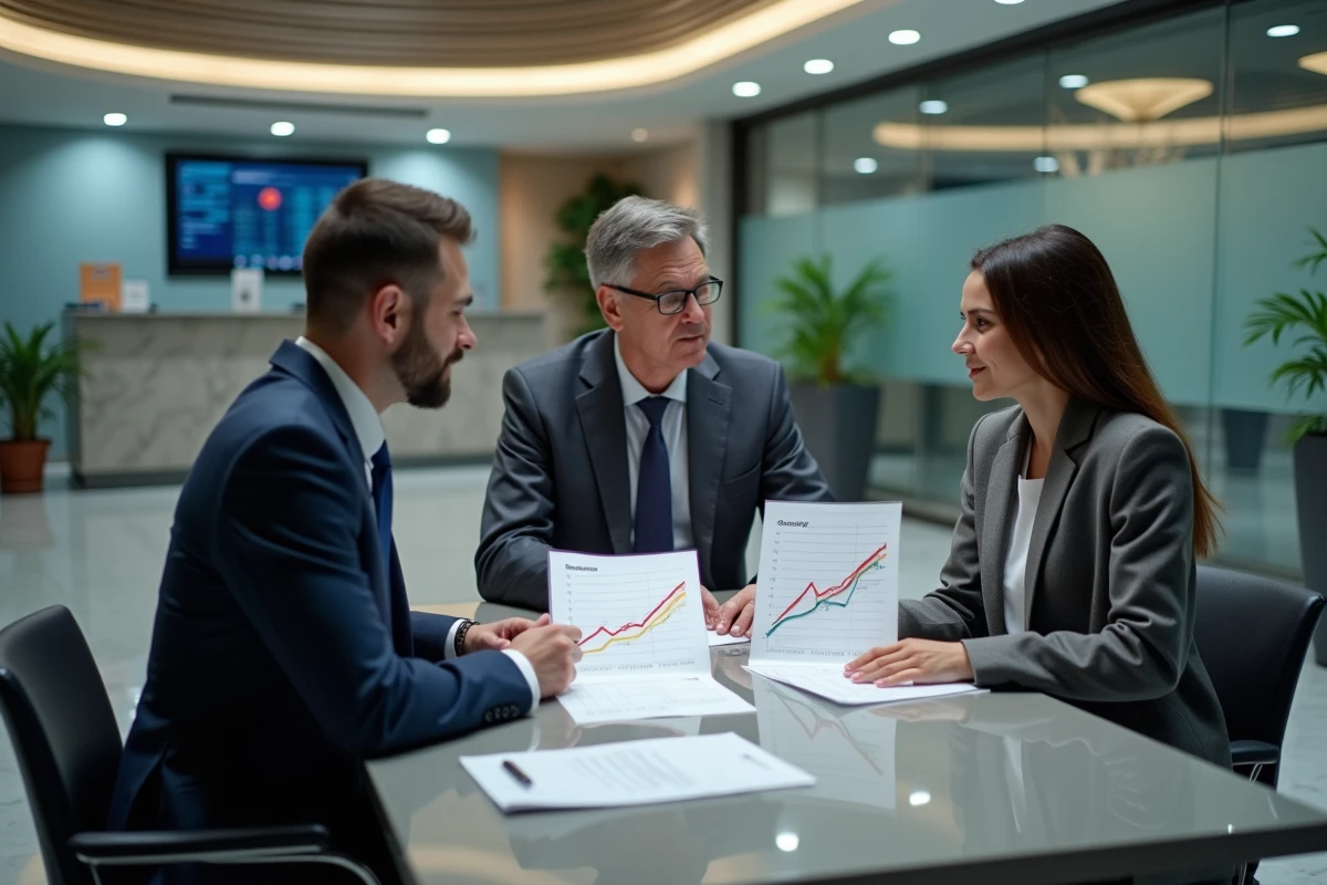 Conseiller financier expliquant l'effet de l'inflation sur les intérêts composés à un couple en agence bancaire