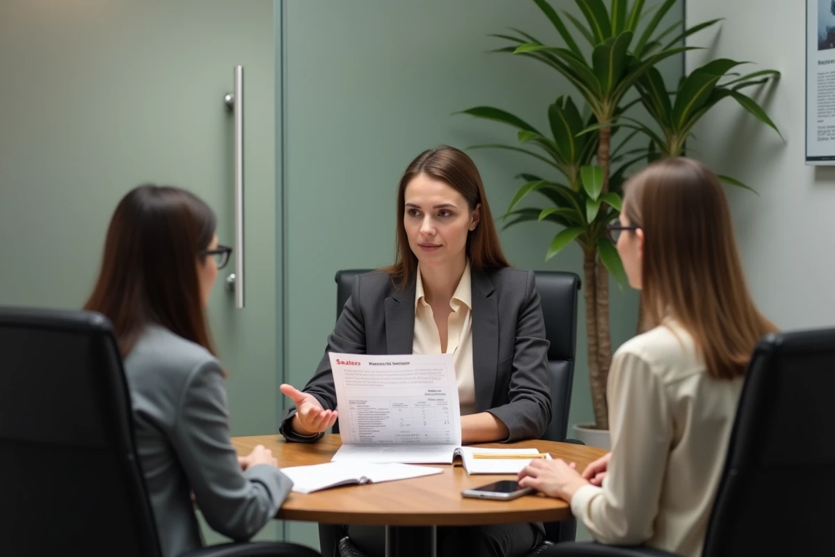 Conseillère bancaire en réunion avec des clients dans une salle de consultation privée, présentant un bilan financier
