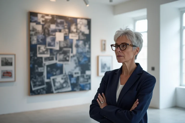 Conservatrice de musée contemplant une œuvre d'art post-pop art dans une galerie contemporaine aux murs blancs