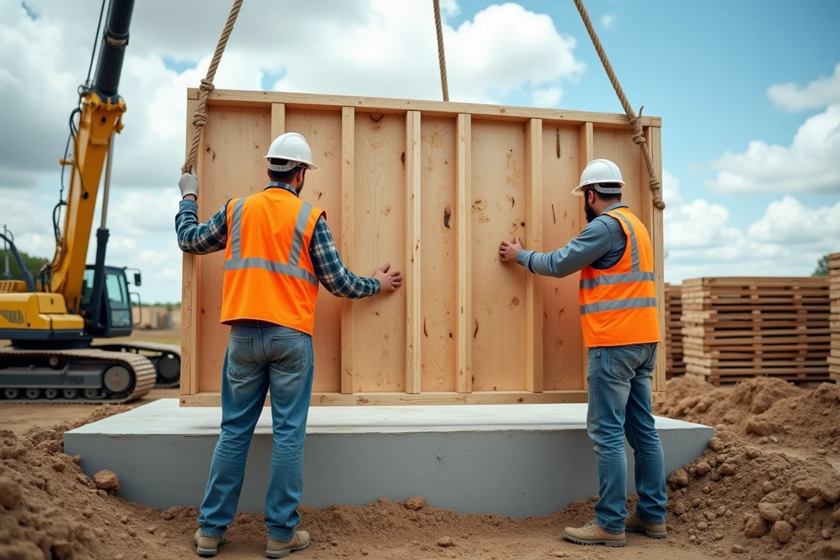 Ouvriers installant un panneau mural en bois lors de la construction d'une maison préfabriquée