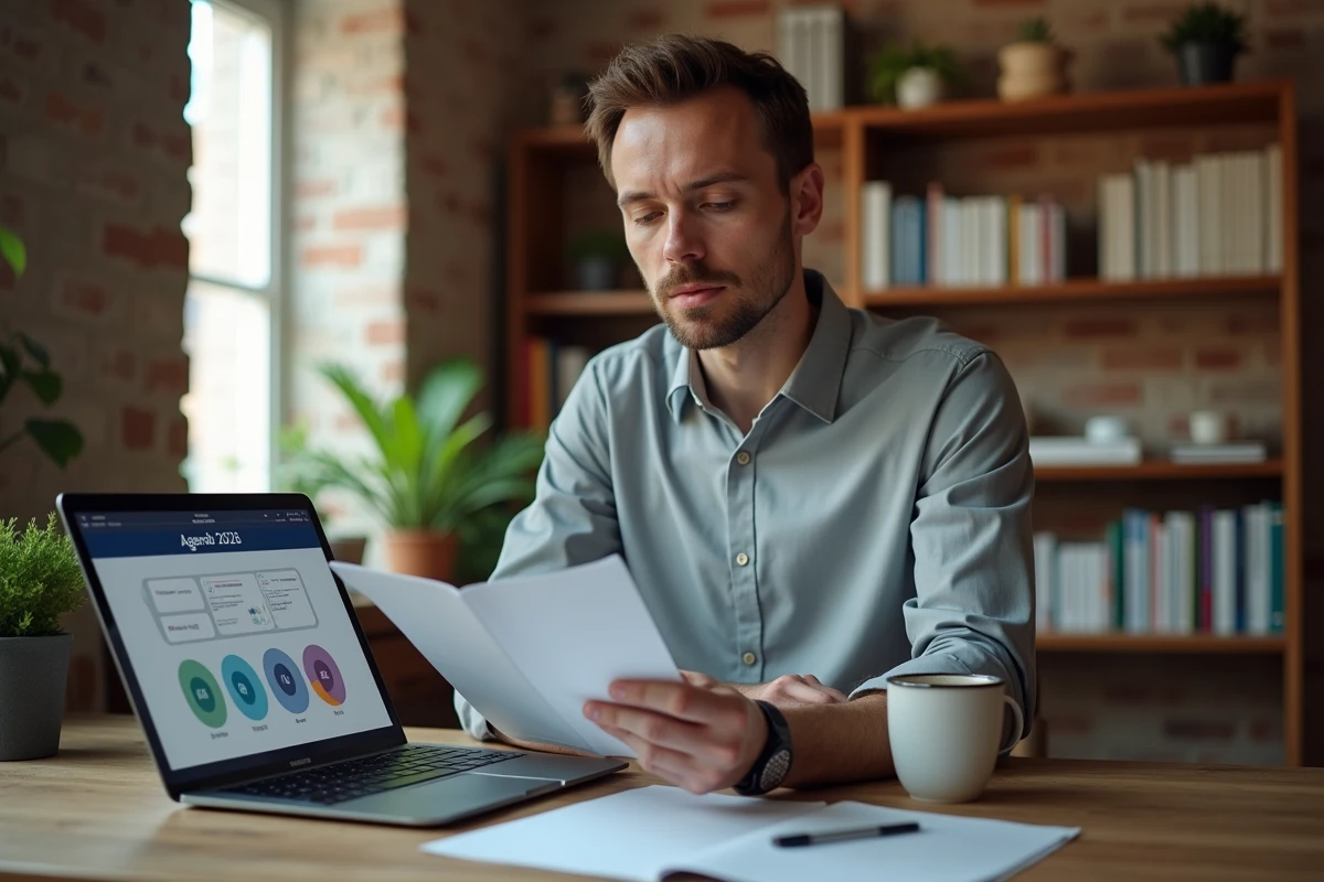 Homme consultant les documents et le tableau de bord numérique de l'Agenda 2026 dans un bureau à domicile