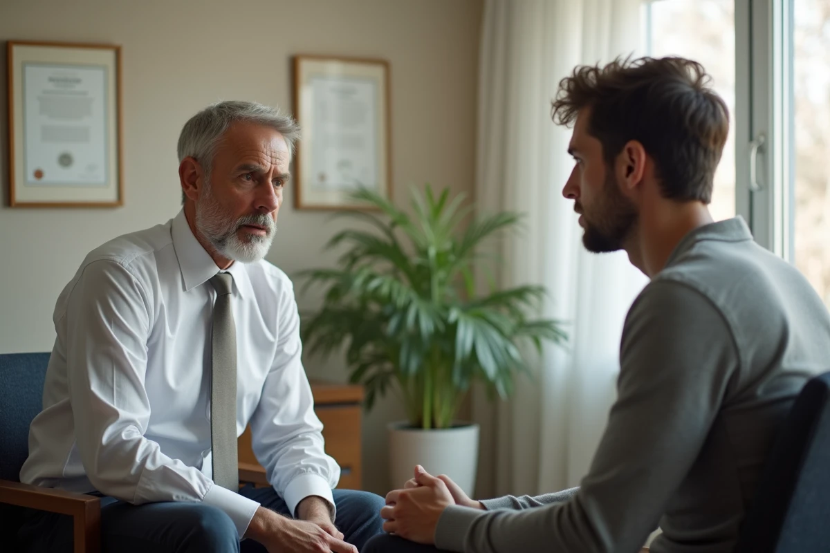 Consultation psychiatrique entre un médecin et un jeune patient adulte dans un cabinet médical, illustrant le diagnostic et la prise en charge précoce de la schizophrénie