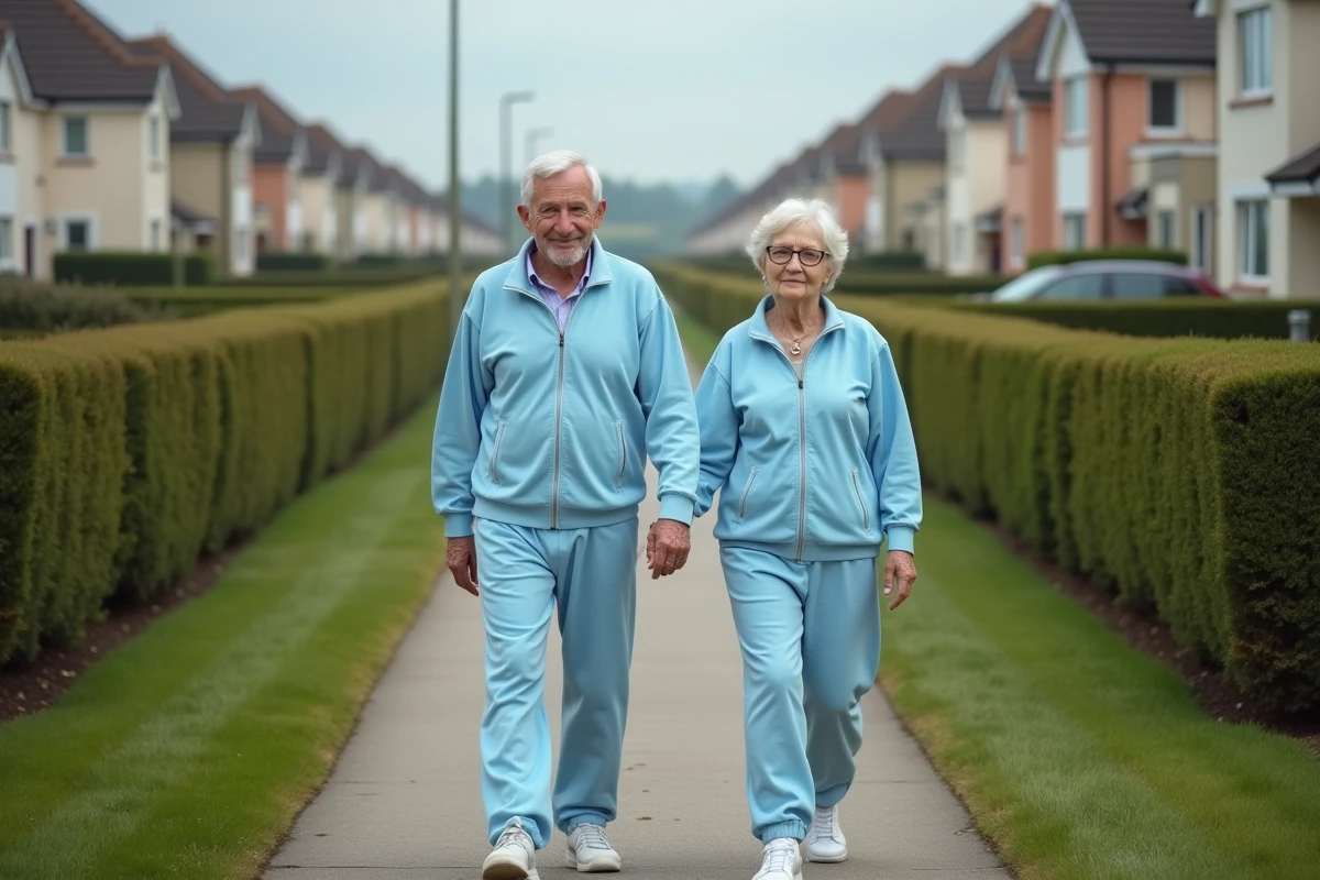 Couple âgé en survêtement marchant lentement sur un trottoir suburbain identique, illustrant la sécurité de la routine et le contraire de l'aventure