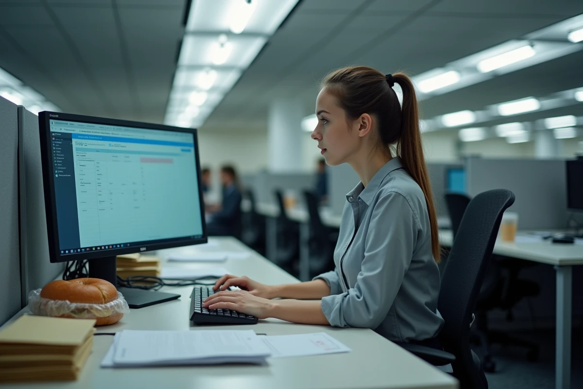 Femme en bureau ouvert tapant mécaniquement sur un clavier avec une expression absente, symbolisant la monotonie et l'absence d'aventure au quotidien